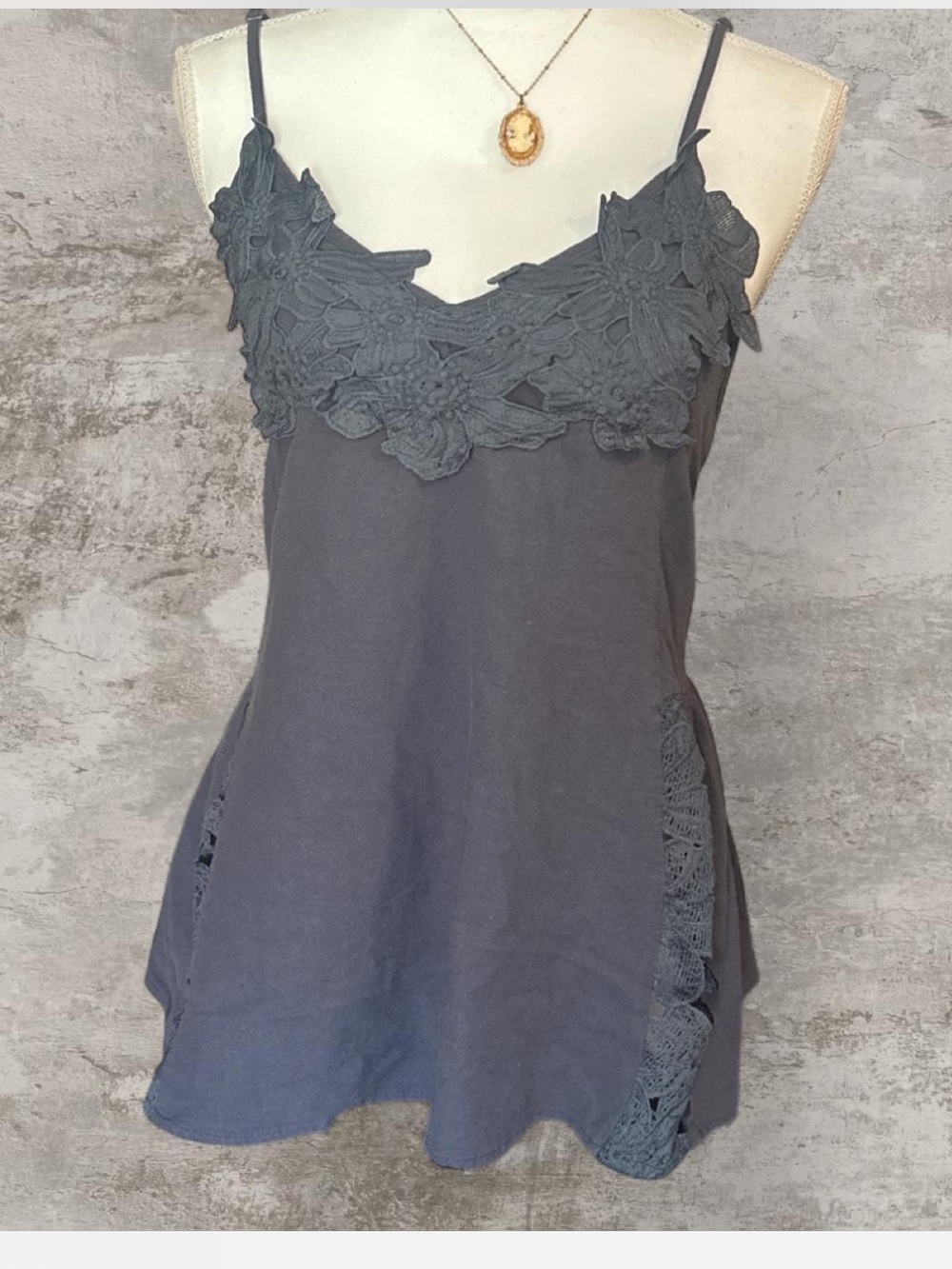 Entro Slate Charcoal Grey Crochet Lace Applique Peplum Cami Top - Size S